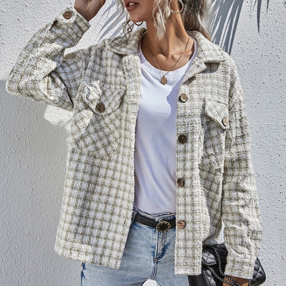 Tweed Plaid Flap Pockets Overshirt